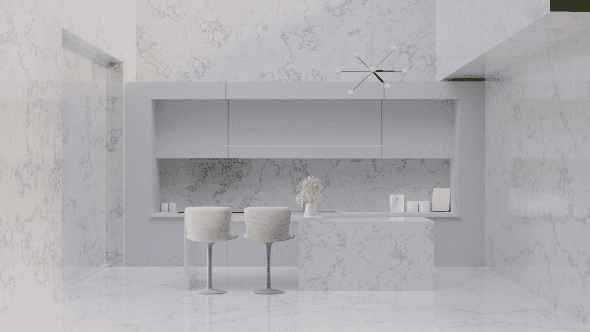 Modern marble kitchen with two white chairs, minimalist decor, and geometric pendant light.